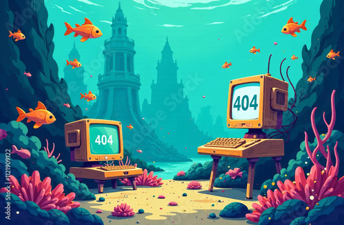 An underwater city where fish and sea creatures explore vintage computers labeled 