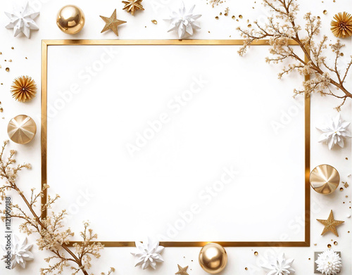 A gold frame with white paper and gold and white decorations