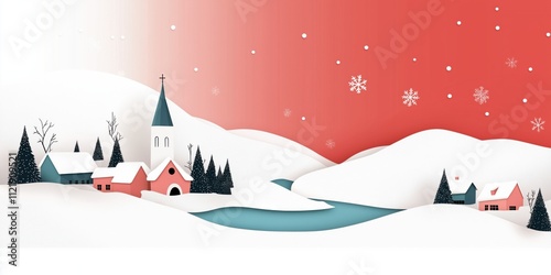 A stylized winter landscape illustration of a quaint village nestled in snowy hills, featuring a tall steepled church at the center, surrounded by small houses with snow-covered roofs