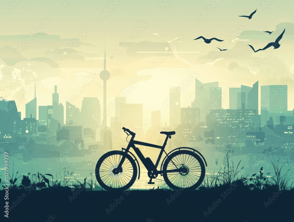Obraz premium Ecofriendly urban transportationelectric bicycle silhouette against a clean skyline city environment concept of sustainable living