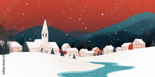 A stylized winter landscape illustration of a quaint village nestled in snowy hills, featuring a tall steepled church at the center, surrounded by small houses with snow-covered roofs