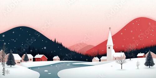A stylized winter landscape illustration of a quaint village nestled in snowy hills, featuring a tall steepled church at the center, surrounded by small houses with snow-covered roofs