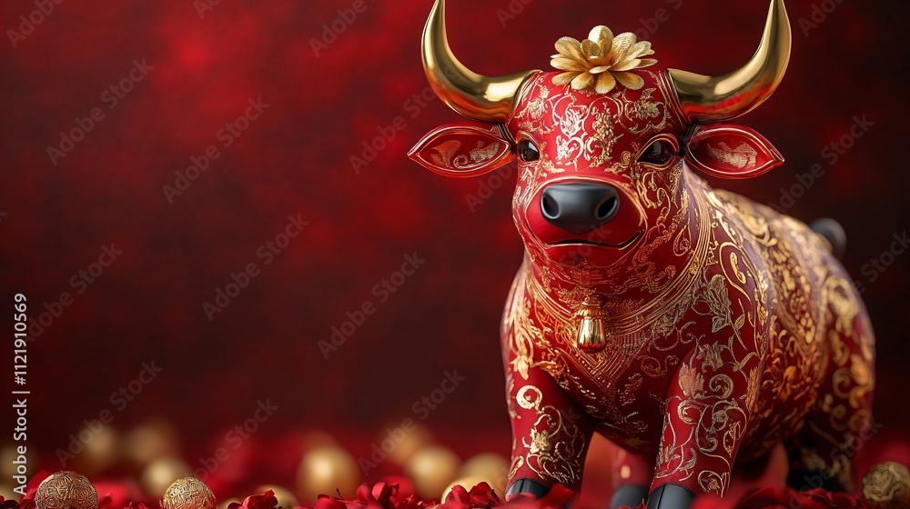 Fototapeta premium A decorative red bull figurine adorned with intricate patterns, symbolizing prosperity and good fortune against a rich red background.