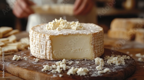 Artisan Cheese on Rustic Wooden Board, Creamy Texture and Delicate Rind