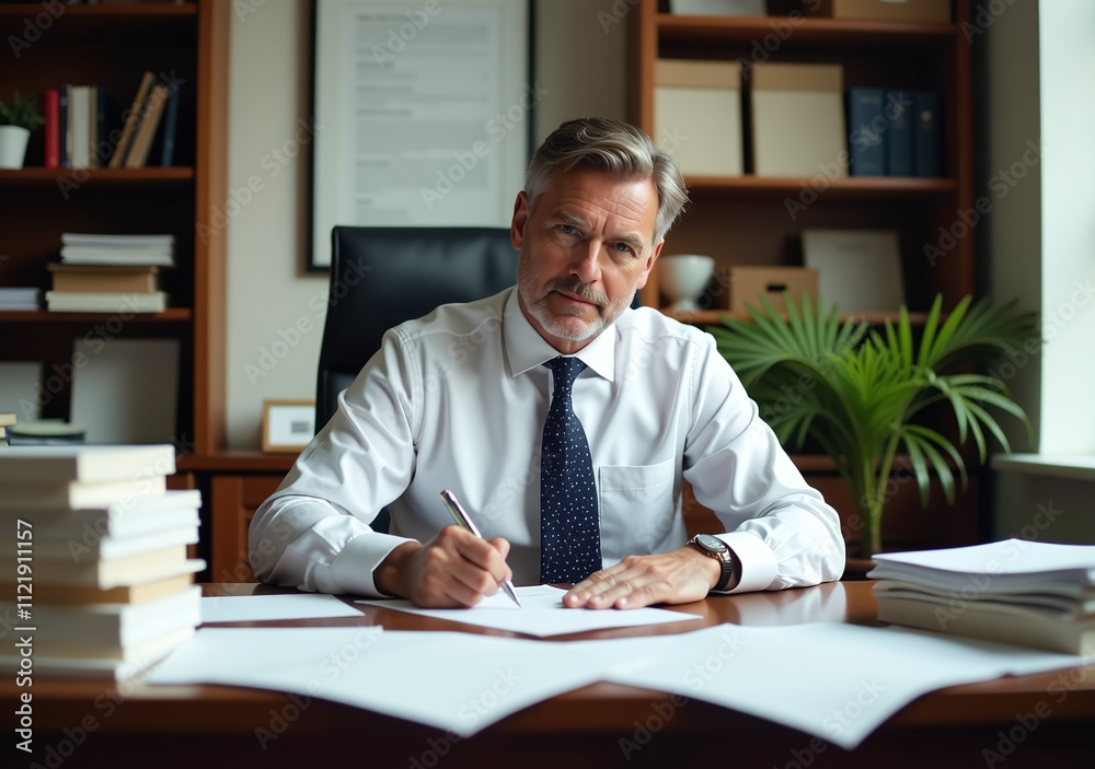Naklejka premium man signs documents desk office large stack front papers scattered everywhere around