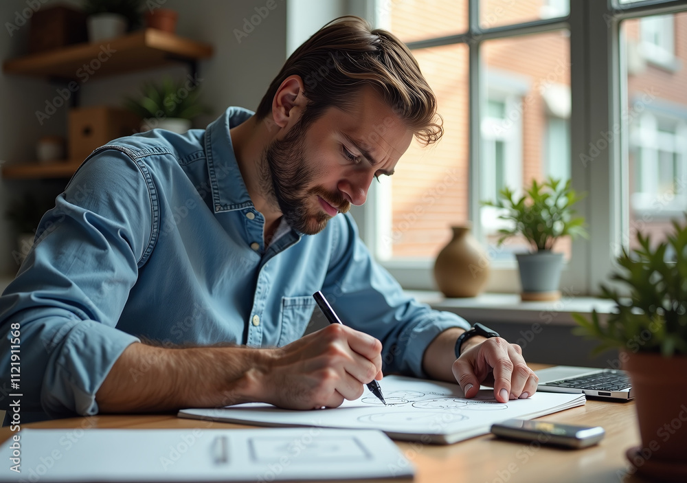 Fototapeta premium man writes ideas paper quickly sketching illustrations digital