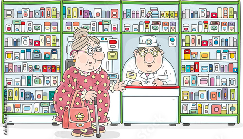 Funny grandma talking to a pharmacist at a pharmacy window, surrounded by medicines, medicinal pills and vitamins, vector cartoon illustration on a white background