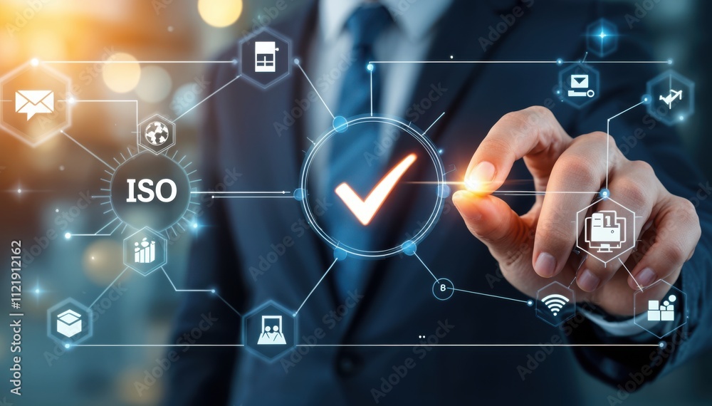 A businessman uses a digital interface to interact with ISO certification symbols and data analytics. A businessman uses a digital interface to interact with ISO certification symbols and data analytics.