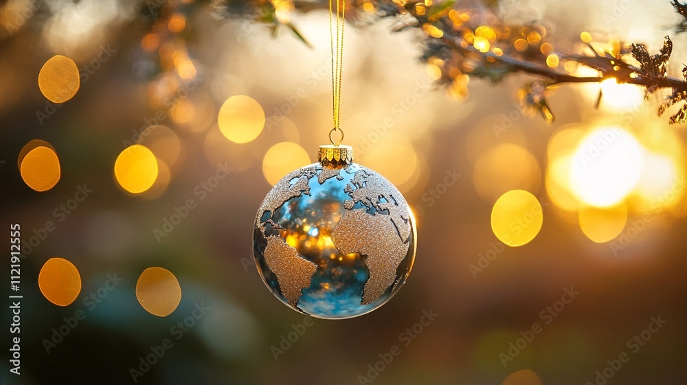 Fototapeta premium World-themed Christmas ornament hanging with golden bokeh background. Concept of worldwide celebration