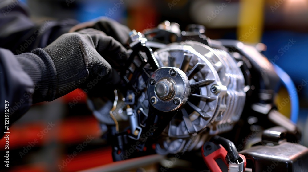 Fototapeta premium Car repairman replacing a faulty alternator, ensuring the car's electrical system functions properly