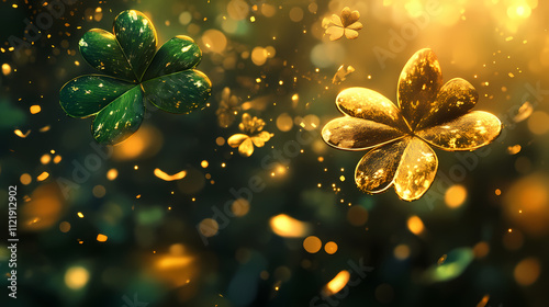 A gold leaf and a green clover falling, featuring eccentric motifs and a glowing quality. Auric. Illustration