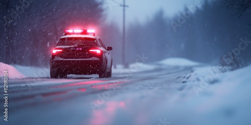 A winter scene of police lights flashing on top of a patrol car, with snow gently falling around it