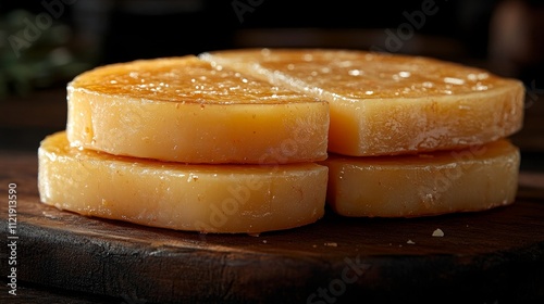 Close-up of Stacked Honey-Glazed Cakes on Wooden Board