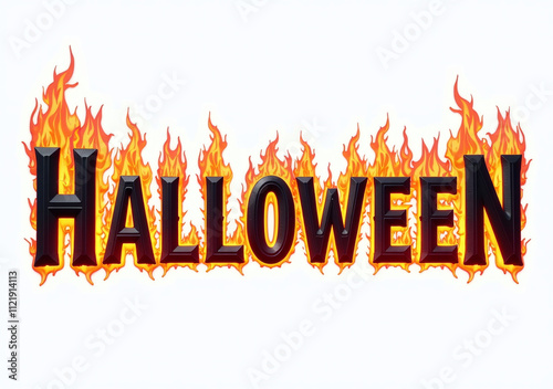 realistic flames engulf bold dark halloween letters white background creating dynamic intense visual