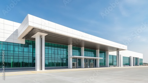 Modern Airport Terminal Exterior with Large Glass Windows and Futuristic Architectural Design Under a Clear Blue Sky in a Urban Environment