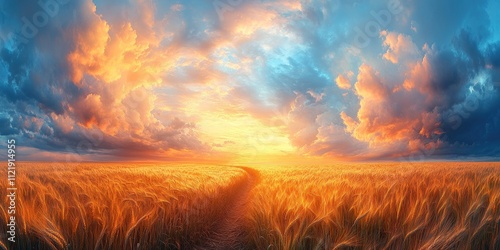 A Golden Field at Sunset with a Path Leading to the Horizon