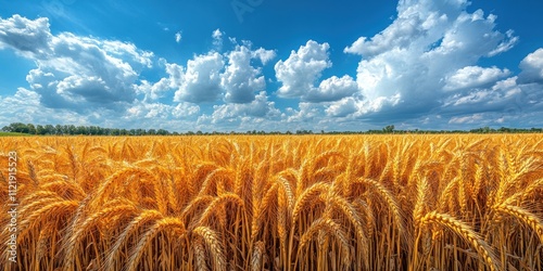 Golden Wheat Field Under a Cloudy Blue Sky