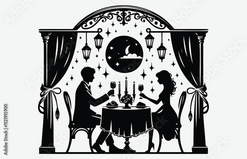 Silhouette of Romantic Couple Candlelight Dinner Scenes for Love-Themed Design and Art Projects