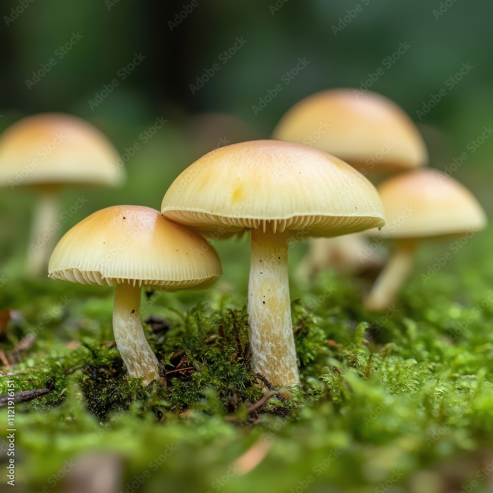Vibrant Close-Up of Mushrooms Growing on Forest Floor Surrounded by Lush Green Moss in Natural Light, Capturing the Beauty of Fungi in Nature Vibrant Close-Up of Mushrooms Growing on Forest Floor Surrounded by Lush Green Moss in Natural Light, Capturing the Beauty of Fungi in Nature