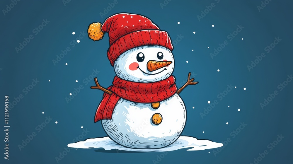 Naklejka premium Cheerful snowman wearing a red hat and scarf in winter landscape