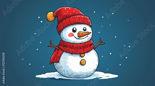 Cheerful snowman wearing a red hat and scarf in winter landscape photo