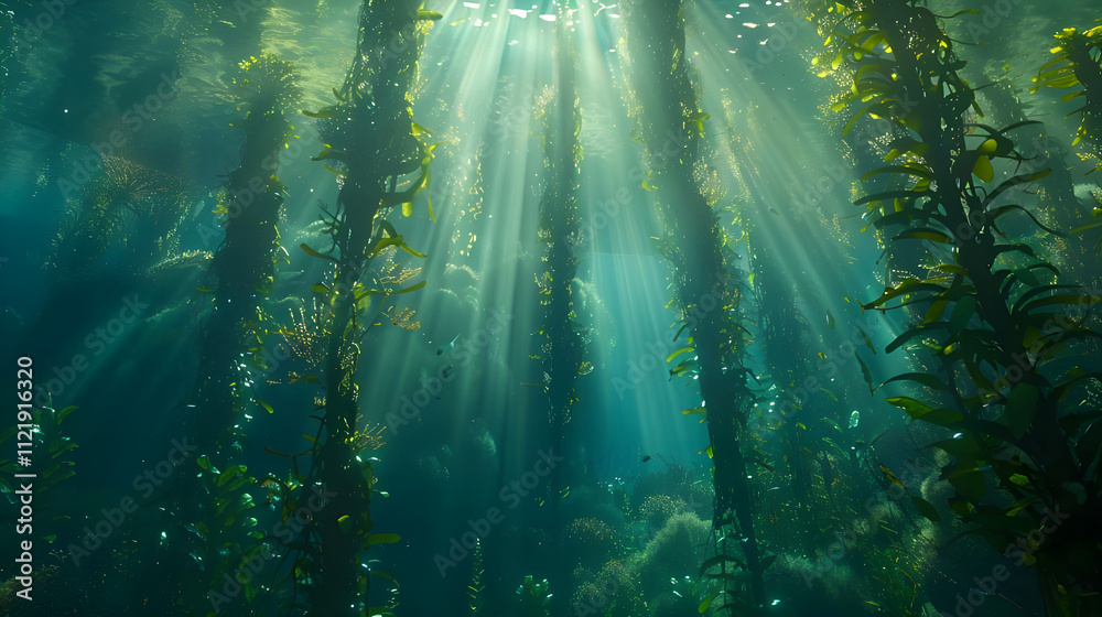 Sunbeams illuminate underwater kelp forest, creating a mystical scene.