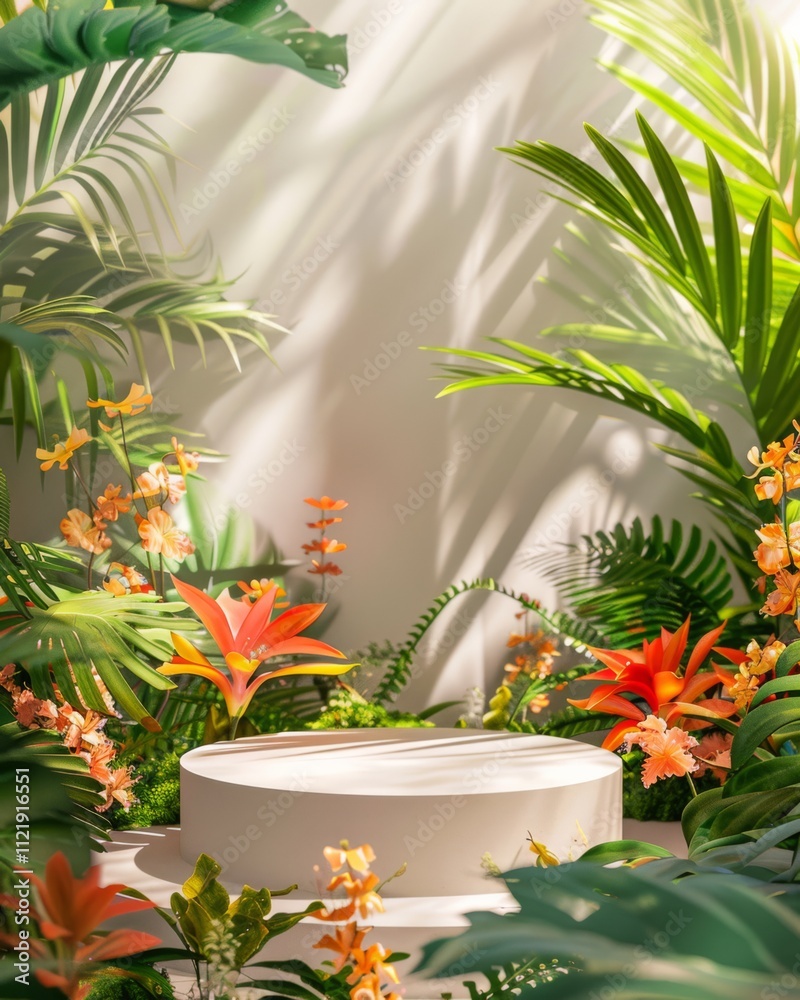 Round white podium nestled among lush greenery, orange bromeliads, and delicate blossoms, illuminated by soft natural light and shadow patterns Round white podium nestled among lush greenery, orange bromeliads, and delicate blossoms, illuminated by soft natural light and shadow patterns