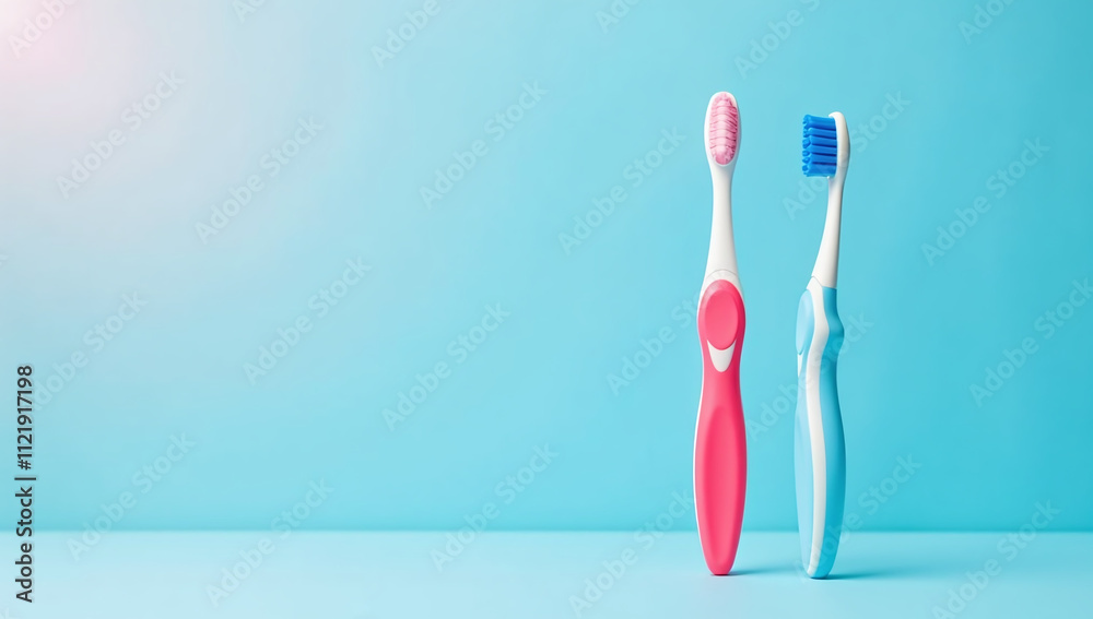 two toothbrushes stand blue pink background empty space around two toothbrushes stand blue pink background empty space around