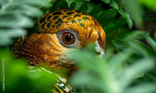 Close-up of a vibrant bird's head partially hidden in lush green foliage. photo