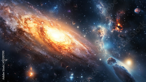 An expansive view of a vibrant galaxy, showcasing a swirling mass of stars and cosmic dust. The galaxy features a luminous core that radiates shades of orange and yellow, set against a backdrop of dee