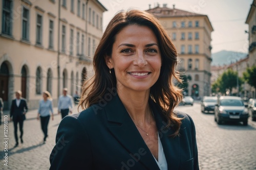 Close portrait of a smiling 40s Montenegrin businesswoman looking at the camera, Montenegrin big city outdoors blurred background