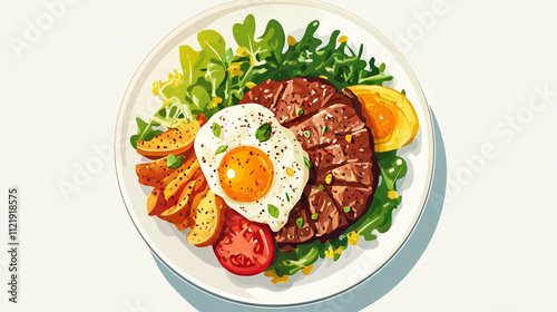 Colorful plate with grilled steak, fried egg, and fresh vegetables served for a hearty meal