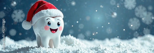 A happy tooth wearing a Santa hat standing on light blue background with snowy accents whimsical holiday themes, dental health, xmas greeting in dental clinic banner