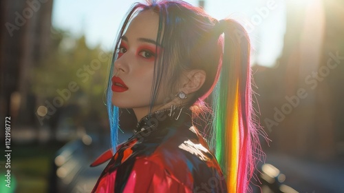 Rainbow Dyed Hair in Harajuku Style Outfit