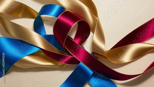 Wallpaper Mural Colorful satin ribbons in blue, gold, and burgundy on a light background for decoration and crafts Torontodigital.ca