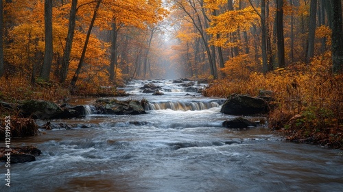 Serene Autumn Creek Flowing Through a Misty Forest
