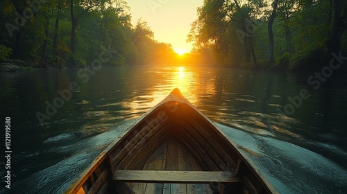 Sunrise River Journey: A Serene Boat Ride Through Lush Green Foliage