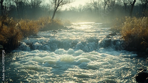 Sunlit River in Autumn: A Tranquil Scene of Nature's Beauty