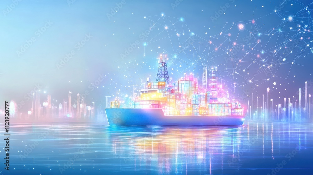 Fototapeta premium A vibrant, illuminated ship floating on calm waters under a starry sky.