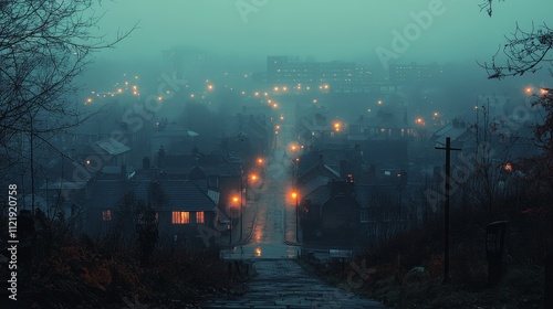 Misty Night in a Foggy Town: A Serene View of Houses and Streets