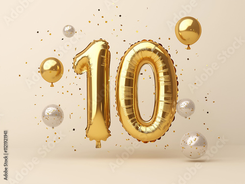 10 Jahre Feier mit goldenen Luftballons und Konfetti

