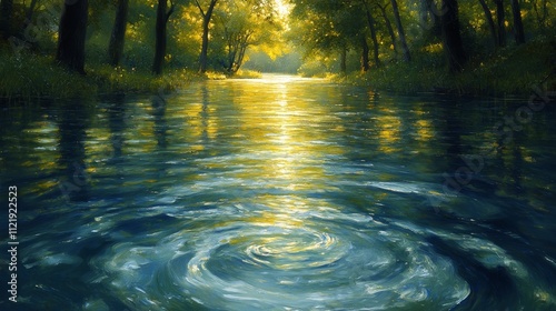 Golden Hour Reflections: Serene River Scene in a Forest