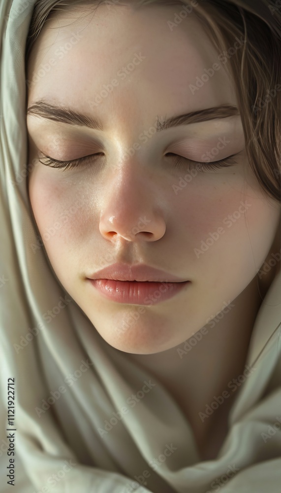 Close up hyper realistic portrait of a serene woman meditating in soft illuminated tranquility Close up hyper realistic portrait of a serene woman meditating in soft illuminated tranquility