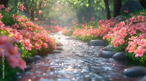 Tranquil Stream Flowing Through a Lush Pink Flower Garden