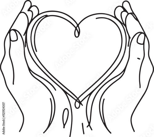 Hands Holding Heart Line Art Drawing Minimalist Charity Donation Concept on White Background