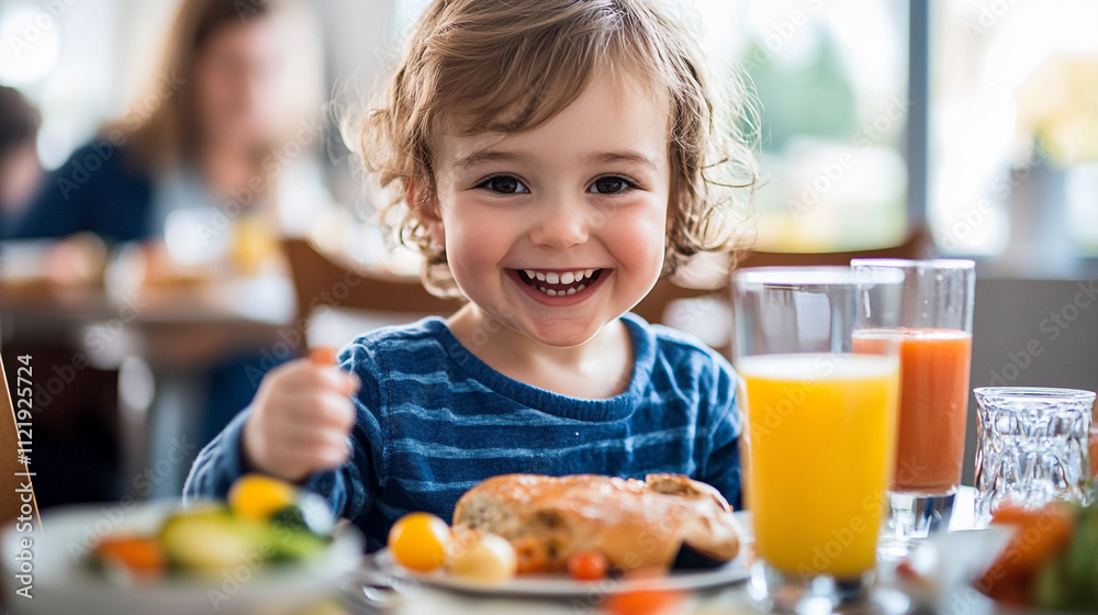Happy child enjoying breakfast at a cozy cafe during a sunny morning Happy child enjoying breakfast at a cozy cafe during a sunny morning