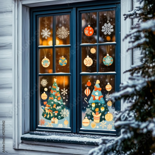 house window decorated with colorful, kid friendly xmas stickers and decal photo