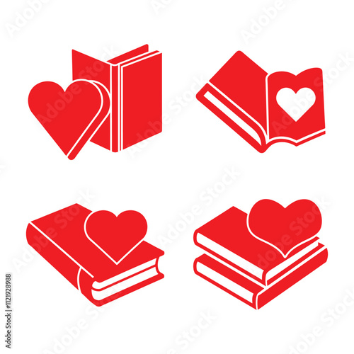 Set of books favourite genre or love story icon vector illustration,love story book,heart shape,book on white background.