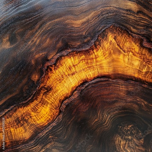 A flat close-up of a section in the center of a finished wood grain epoxy table, created with dark walnut wood board, vivid amber epoxy resin details, emphasizing the smooth, polished surface and stra photo