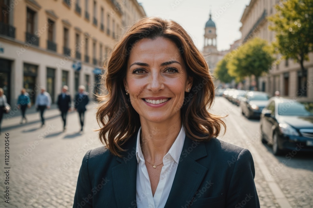 Close portrait of a smiling 40s Spanish businesswoman looking at the camera, Spanish big city outdoors blurred background Close portrait of a smiling 40s Spanish businesswoman looking at the camera, Spanish big city outdoors blurred background